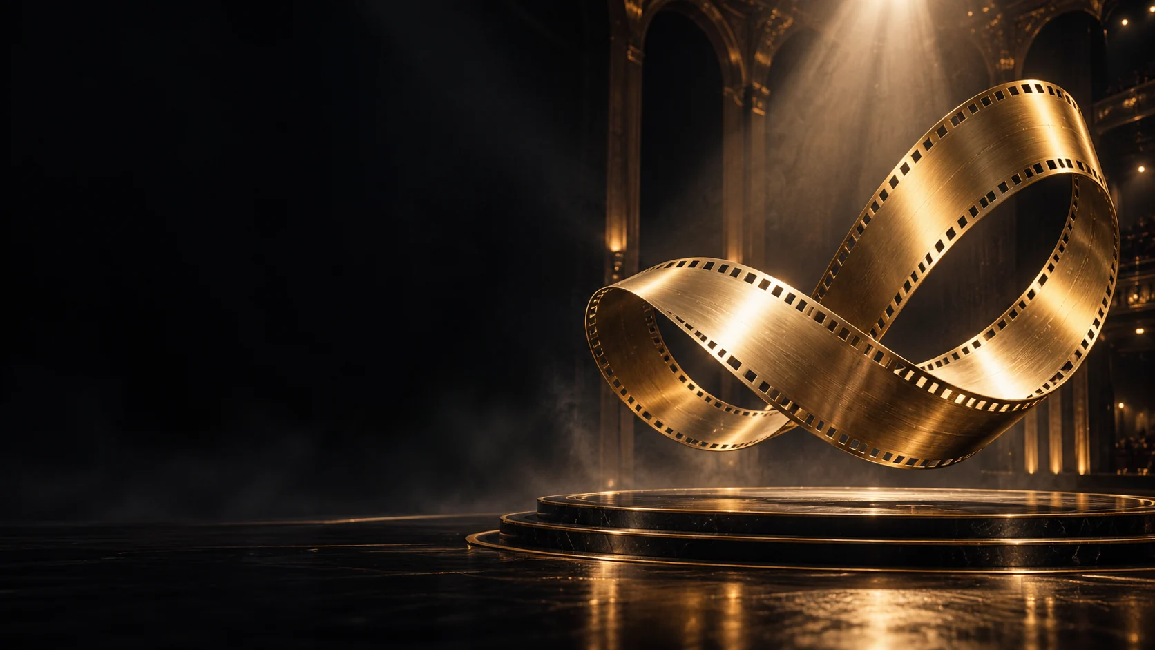 Sculptural gold film ribbon in a cinematic space